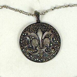 Judith Jack Sterling Silver Marcasite Fleur De Lis Round Pendant Necklace